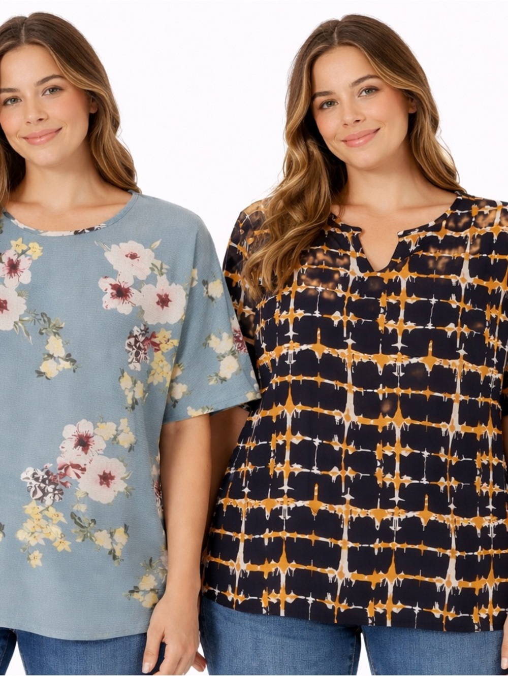 Floral Print Relaxed Short Sleeve Tops - Lot of Two